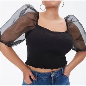Forever 21 Black Smocked Sheer Puff Sleeve Square Neck Crop Top 2X Plus Size